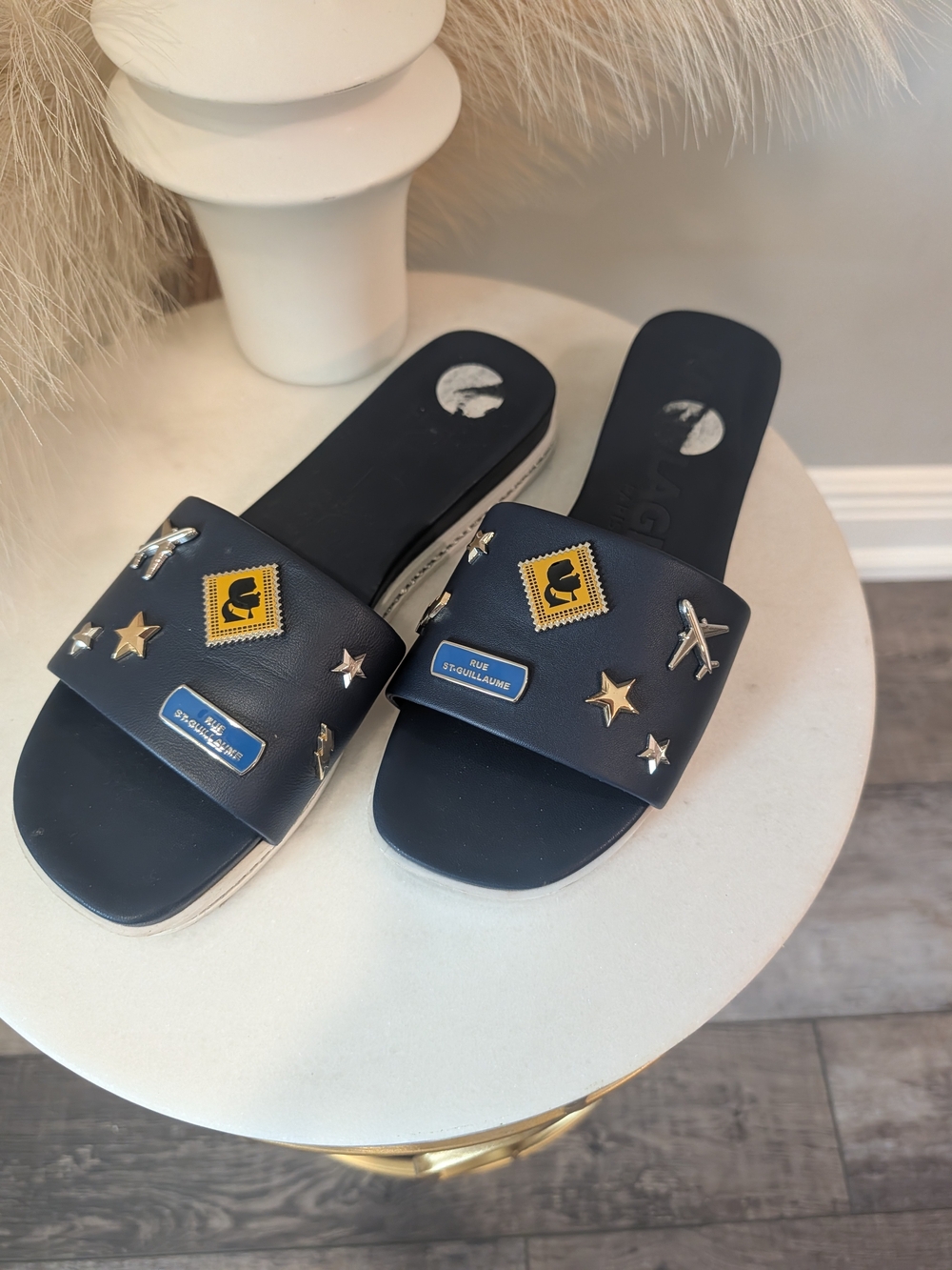 Karl Lagerfeld Navy Slide Sandals with Star & Plane Studs